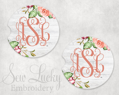 Peach Floral Personalized Sandstone Car Coasters (Set of Two)
