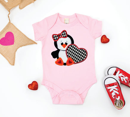 Penguin with Hounds Tooth Heart Patch - Sew Lucky Embroidery