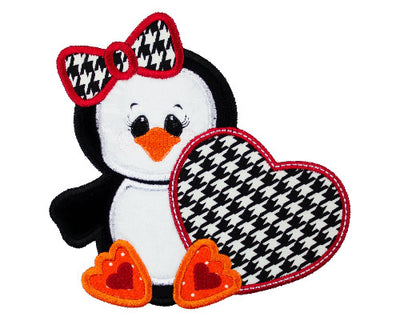 Penguin with Hounds-tooth Heart Sew or Iron on Embroidered Patch