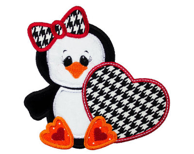 Penguin with Hounds Tooth Heart Sew or Iron on Embroidered Patch