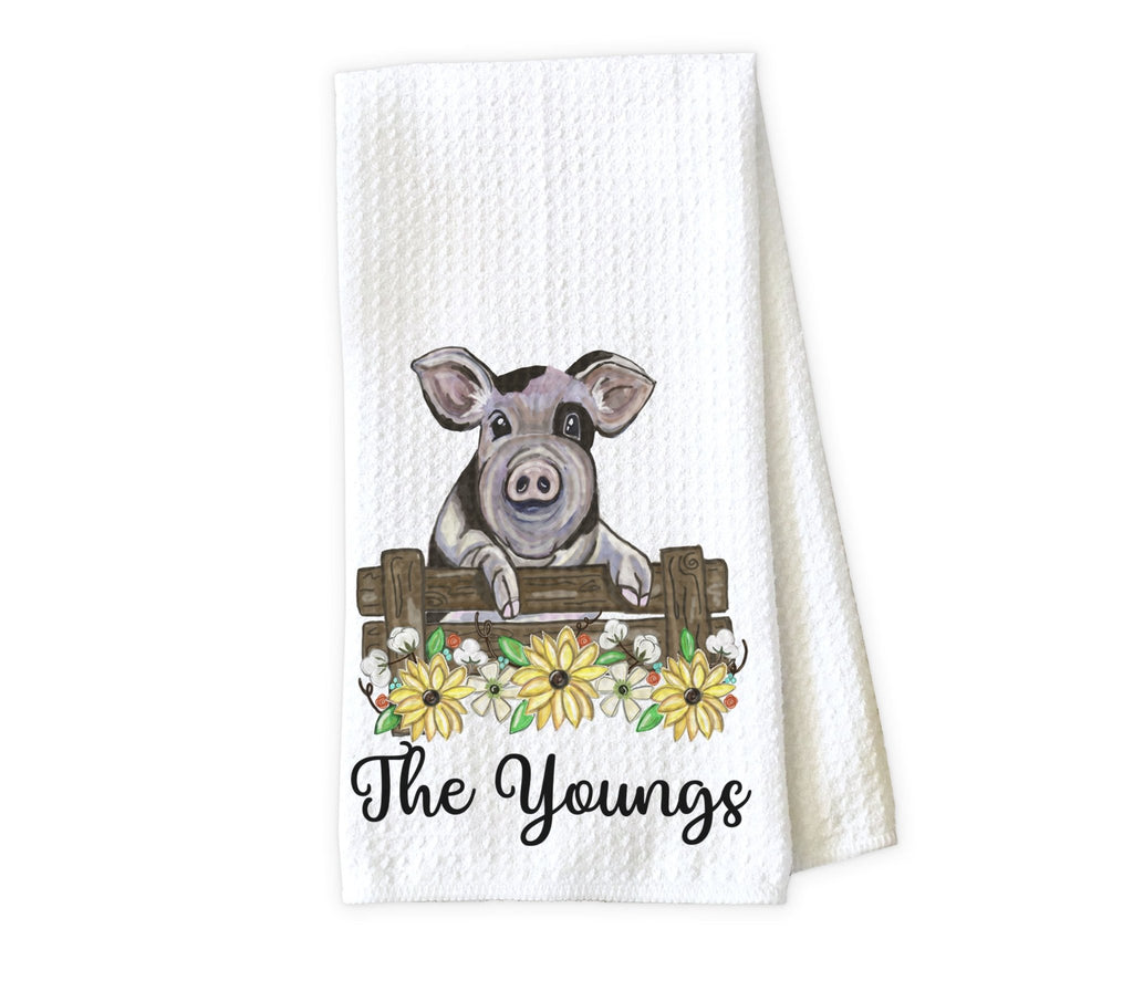 Pig and Sunflowers Personalized Kitchen Towel - Waffle Weave Towel - Microfiber Towel - Kitchen Decor - House Warming Gift - Sew Lucky Embroidery