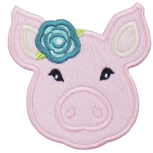 Pig with Teal Flower Patch - Sew Lucky Embroidery
