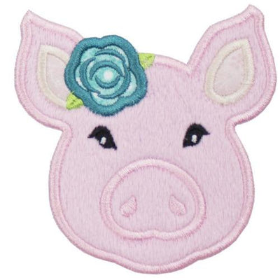 Pig with Teal Flower Sew or Iron on Embroidered Patch