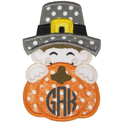 Pilgrim Boy Pumpkin Peeker Monogram Sew or Iron on Embroidered Patch