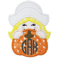 Pilgrim Girl Pumpkin Peeker Monogram Patch - Sew Lucky Embroidery