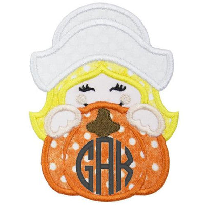 Pilgrim Girl Pumpkin Peeker Monogram Sew or Iron on Embroidered Patch