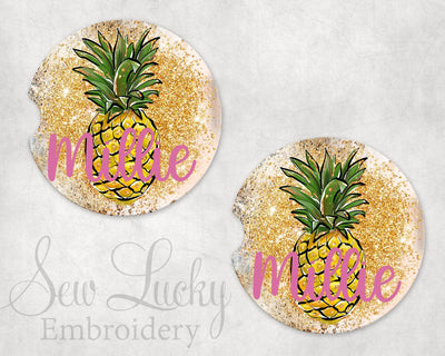 Pineapple Glitter Personalized Sandstone Car Coasters (Set of Two)