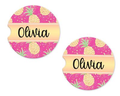Pineapples Personalized Sandstone Car Coasters (Set of Two)