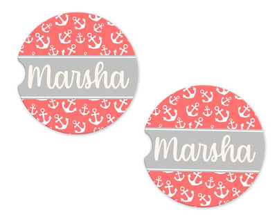 Pink Anchors Personalized Sandstone Car Coasters (Set of Two)