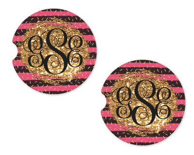 Pink and Black Stripes on Glitter Personalized Sandstone Car Coasters (Set of Two)