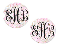 Pink and Gold Floral Sandstone Car Coasters - Sew Lucky Embroidery