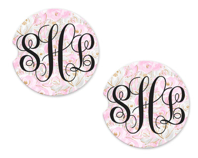 Pink and Gold Floral Personalized Sandstone Car Coasters (Set of Two)