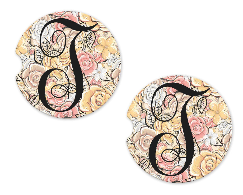 Pink and Orange Roses Sandstone Car Coasters - Sew Lucky Embroidery