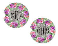 Pink and Purple Flowers on Wood Sandstone Car Coasters - Sew Lucky Embroidery