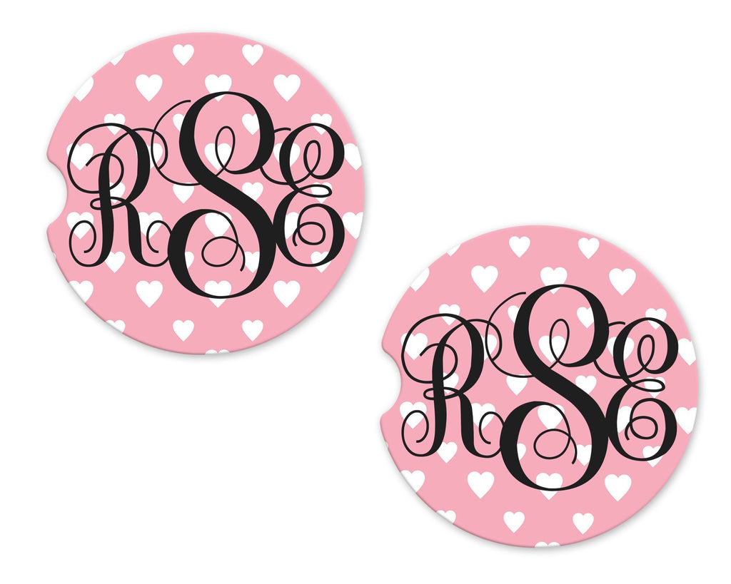 Pink and White Hearts Sandstone Car Coasters - Sew Lucky Embroidery