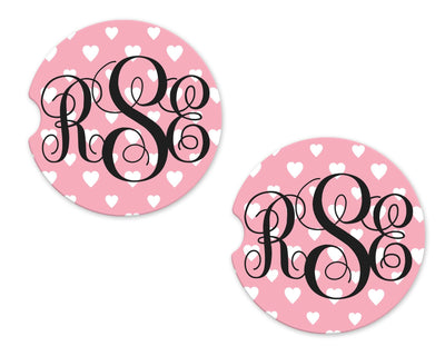 Pink and White Hearts Personalized Sandstone Car Coasters (Set of Two)