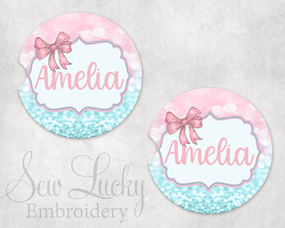 Pink Bow Personalized Sandstone Car Coasters (Set of Two)