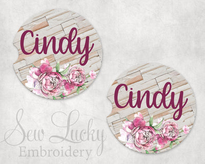 Pink Floral Personalized Sandstone Car Coasters (Set of Two)