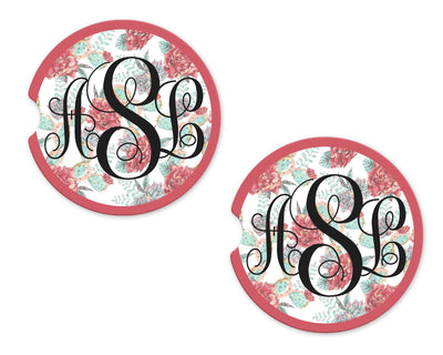Pink Trim and Flowers Personalized Sandstone Car Coasters (Set of Two)