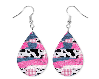 Pink and Cow Print Western Handmade Wood Earrings