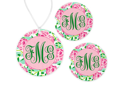 Pink Floral Car Charm and set of 2 Sandstone Car Coasters Personalized