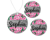 Pink Flowers Car Charm and set of 2 Sandstone Car Coasters Personalized - Sew Lucky Embroidery