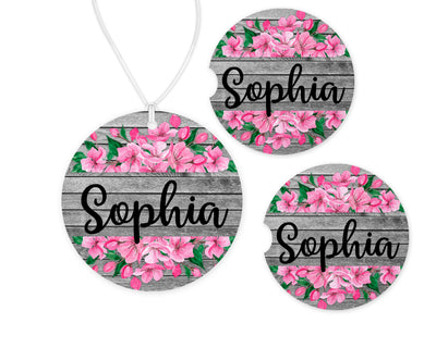 Pink Flowers Car Charm and set of 2 Sandstone Car Coasters Personalized