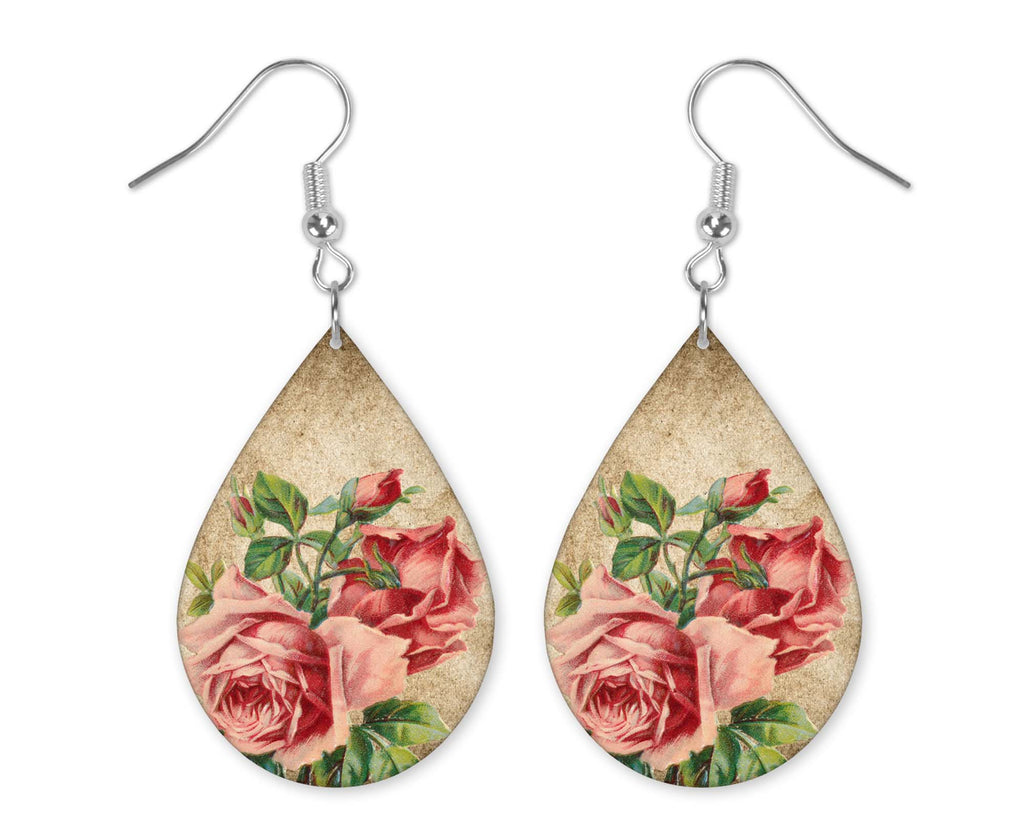 Pink Roses with Gold Teardrop Earrings - Sew Lucky Embroidery