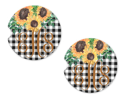 Plaid and Sunflowers Personalized Sandstone Car Coasters (Set of Two)