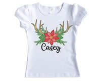 Poinsettia with Antlers Christmas Personalized Girls Shirt - Sew Lucky Embroidery