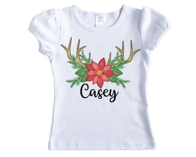 Poinsettia with Antlers Christmas Personalized Girls Shirt