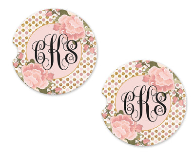 Polka Dots and Flowers Personalized Sandstone Car Coasters (Set of Two)