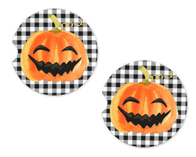 Pumpkin with Plaid Background Sandstone Car Coasters (Set of Two)