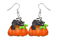 Pumpkin with Black Cat Halloween Earrings - Sew Lucky Embroidery
