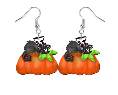 Pumpkin with Black Cat Halloween Earrings