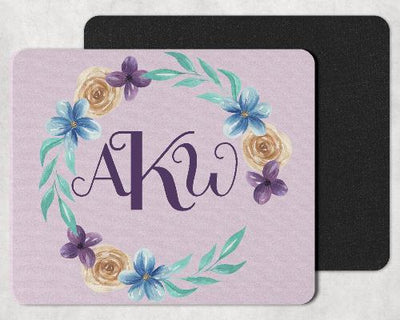 Purple and Blue Floral Wreath Custom Monogram Mouse Pad