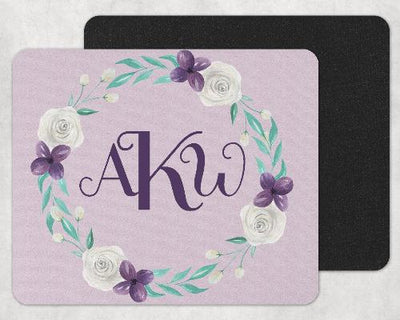 Purple and White Floral Wreath Custom Monogram Mouse Pad