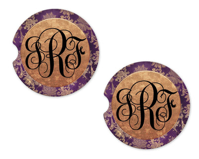 Purple Damask Personalized Sandstone Car Coasters (Set of Two)
