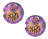 Purple Floral Frame Sandstone Car Coasters - Sew Lucky Embroidery