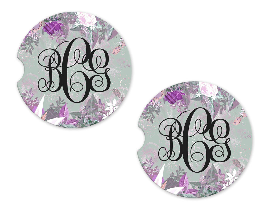 Purple Floral Sandstone Car Coasters - Sew Lucky Embroidery