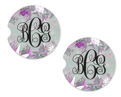 Purple Floral on Sage Green Personalized Sandstone Car Coasters (Set of Two)