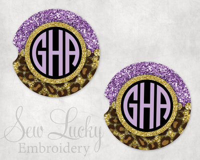 Purple Leopard Frame Personalized Sandstone Car Coasters (Set of Two)