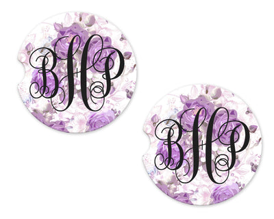 Purple Roses Personalized Sandstone Car Coasters (Set of Two)