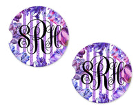 Purple Tulips Personalized Sandstone Car Coasters - Sew Lucky Embroidery