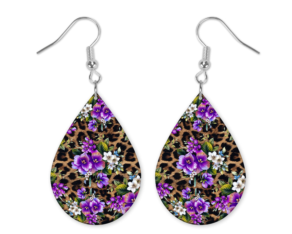 Purple Floral Leopard Handmade Wood Earrings - Sew Lucky Embroidery