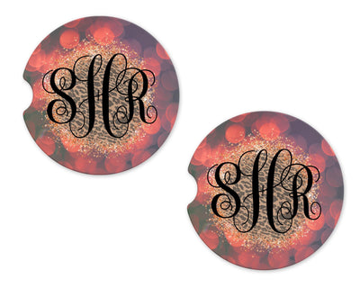 Red Bokeh Leopard Personalized Sandstone Car Coasters (Set of Two)