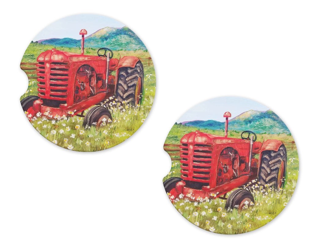 Red Farm Tractor Sandstone Car Coasters - Sew Lucky Embroidery