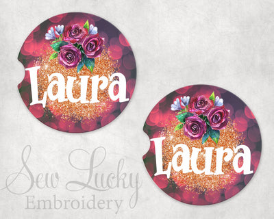 Red Floral Glitter Personalized Sandstone Car Coasters (Set of Two)