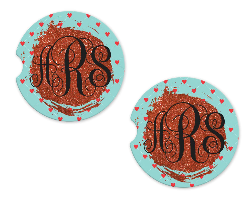 Red Hearts with Glitter Sandstone Car Coasters - Sew Lucky Embroidery