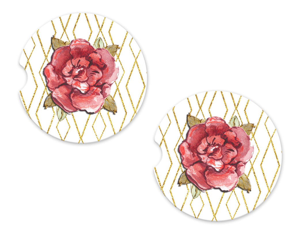 Red Rose Sandstone Car Coasters - Sew Lucky Embroidery